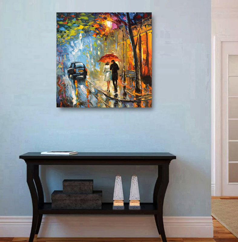 Autumn rain couple painting displayed in home interior