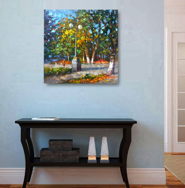 Autumn park painting displayed in modern home interior