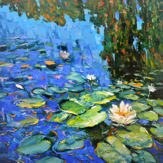 Blooming water lilies painting with soft pastel colors, impressionist style floral pond artwork by Dmitry Spiros