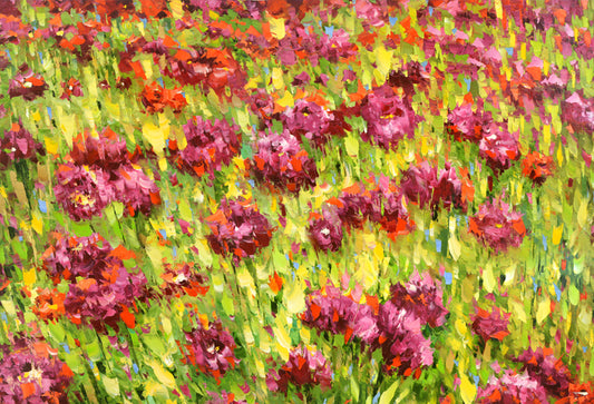 Blooming flower field painting with colorful flowers and natural light