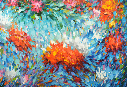 A vibrant painting rendered in an abstract impressionist style, depicting a lush green field adorned with an array of wildflowers. Splashes of color dance across the canvas, capturing the dynamic essence of nature in full bloom. The artist's expressive brushstrokes convey the organic energy and beauty of the natural landscape, creating a captivating scene filled with movement and life