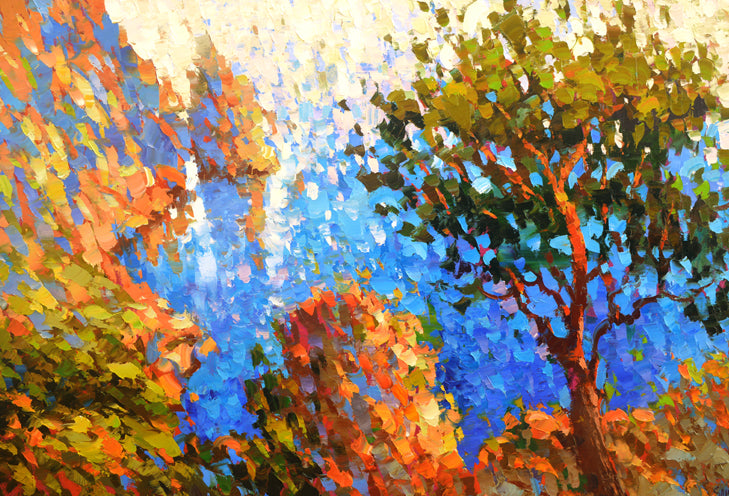 Blue sea landscape painting with mountains ocean and trees