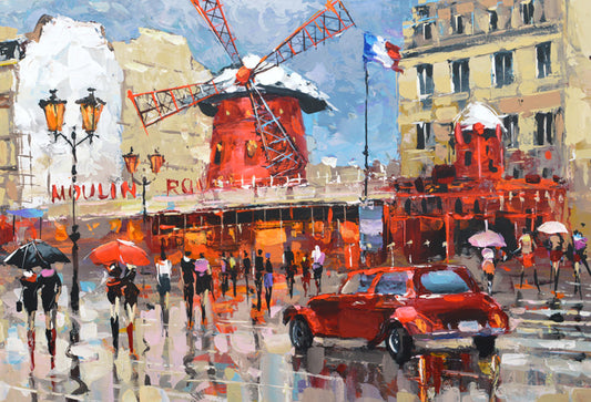 Moulin Rouge Paris painting with iconic red windmill in Montmartre at night