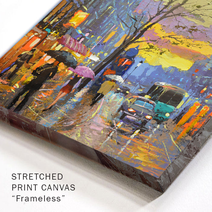 Corner detail of evening boulevard painting with wet street