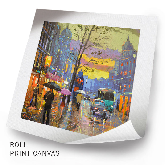 Unframed evening city boulevard painting after rain