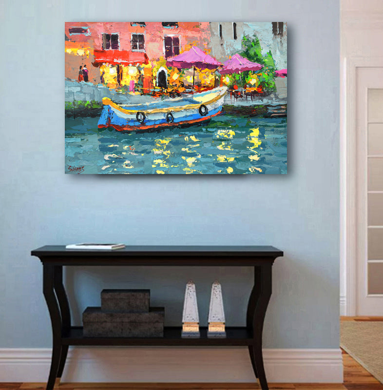 Venice wall art displayed in a modern interior, adding warmth and cozy urban character
