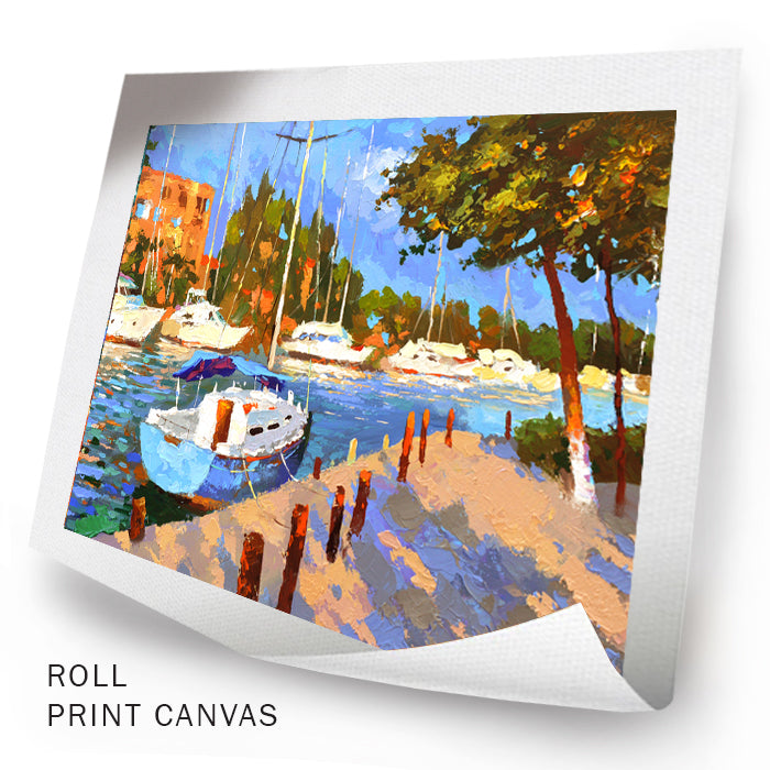 Unframed morning canal painting with boats and reflections