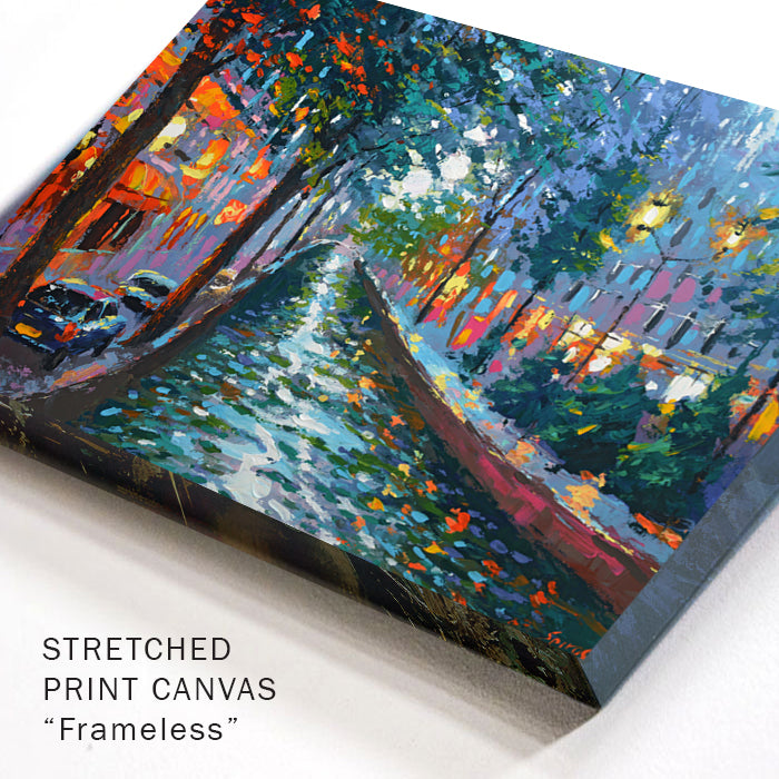 Corner detail of evening canal painting with water reflections