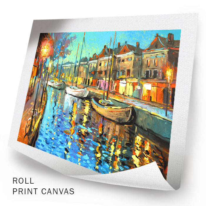 Unframed evening canal city painting with calm water