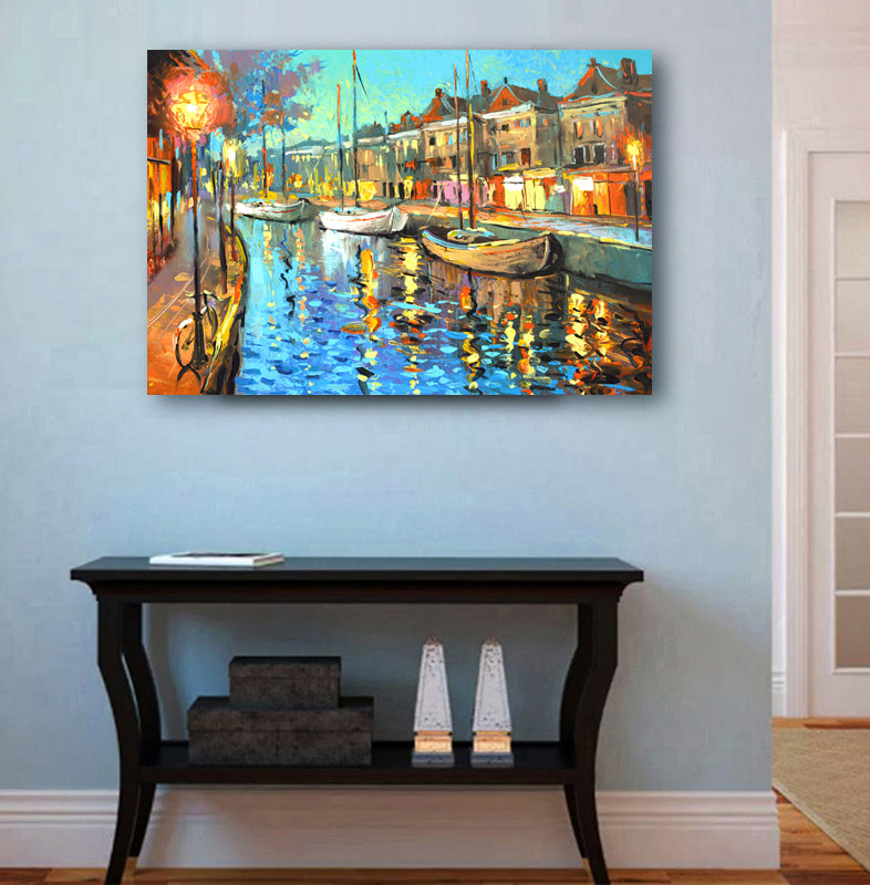 Evening canal city painting displayed in modern interior
