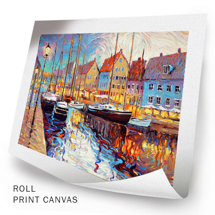 Unframed canal evening painting showing boats and houses by the water