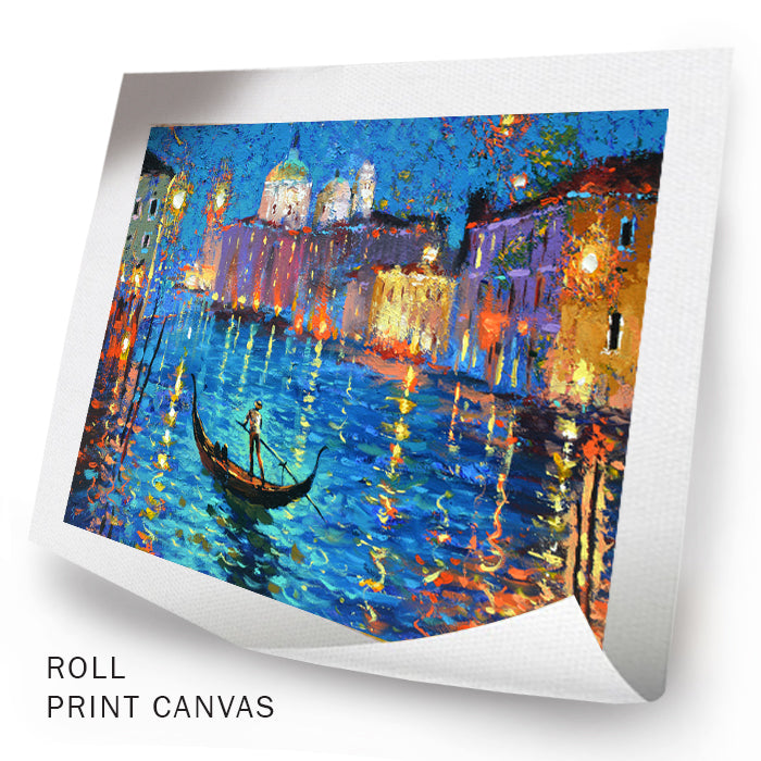 Unframed night Venetian canal painting with calm water