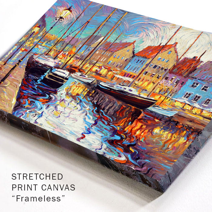 Close-up canvas detail of canal painting with visible texture and brush strokes