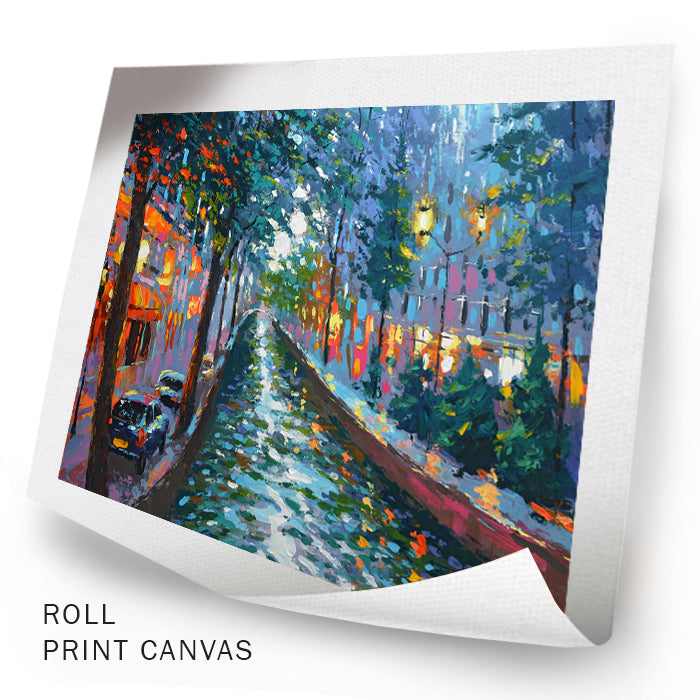 Unframed evening canal city painting with reflections