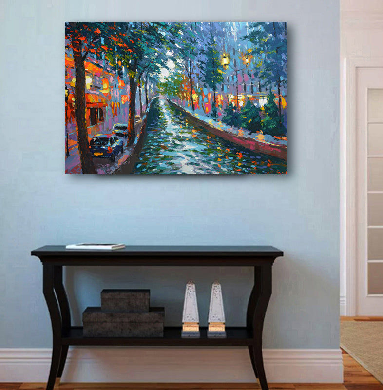 Evening canal city painting displayed in home interior