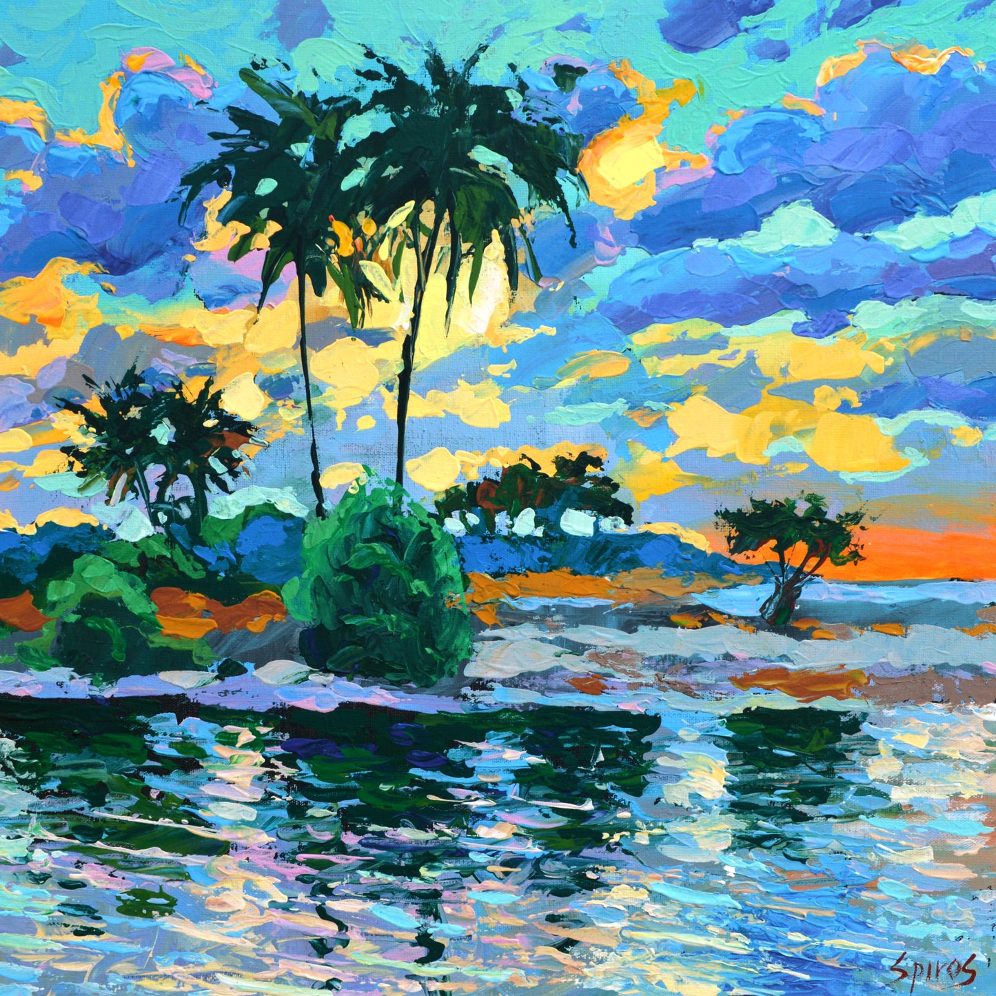 Caribbean landscape painting with palm trees along the shore, turquoise sea, tropical atmosphere and warm coastal light