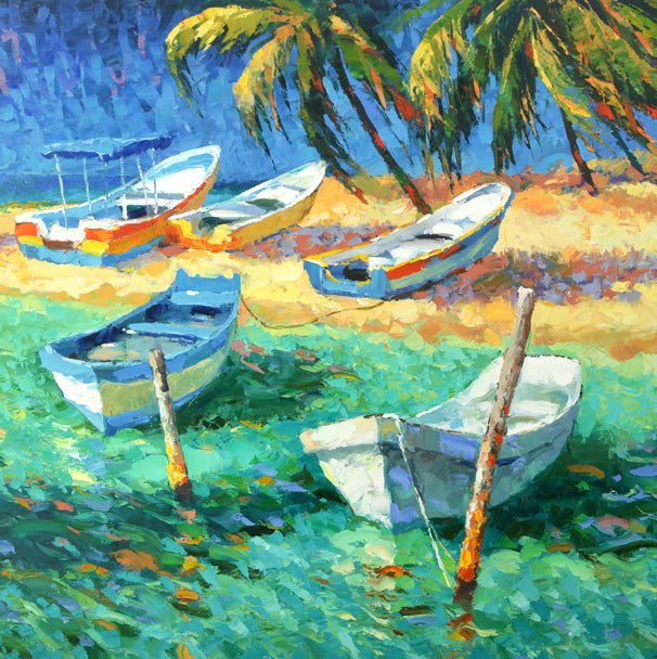 fish boats on the caribbean shore painting