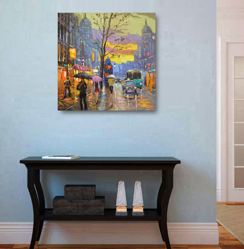 Evening boulevard city painting displayed in home interior