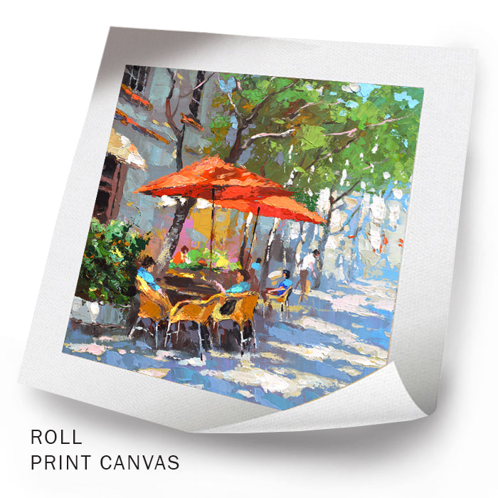 Unframed city cafe painting showing street scene and warm lights