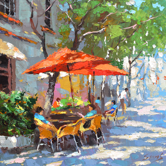 City cafe street painting with people walking, cafe lights and urban scene