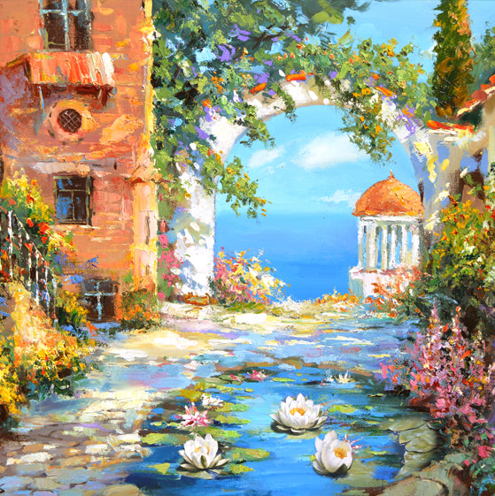 City path to the sea painting with old buildings and coastal atmosphere