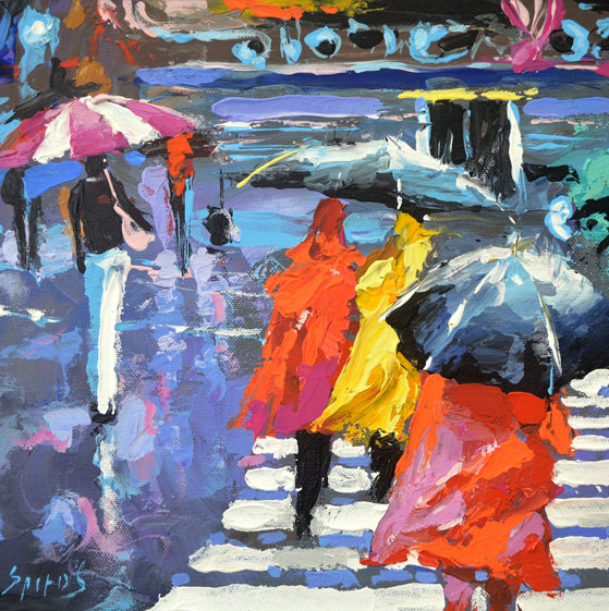 Urban street painting with pedestrians walking in the cit