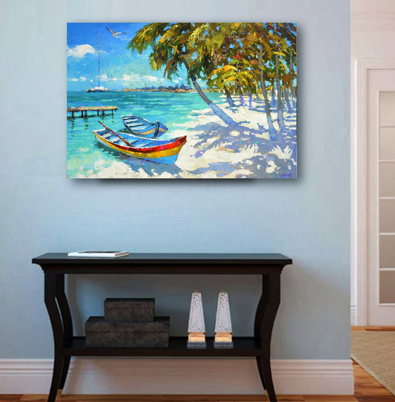 Coastal boats wall art displayed in a modern home interior