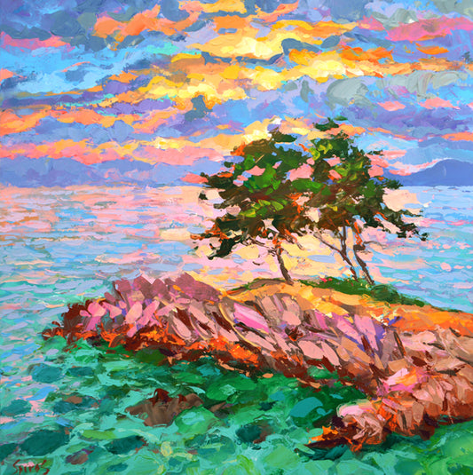 Coastal seascape painting with pine trees, ocean waves, and open sky