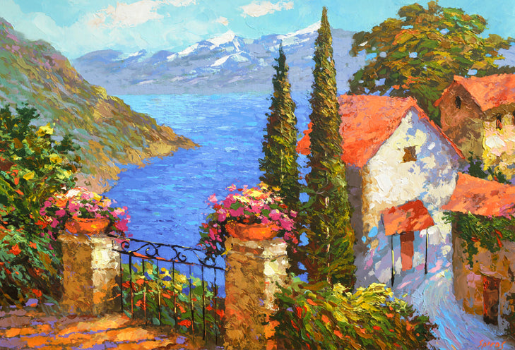 Coastal houses painting with sea views and mountains