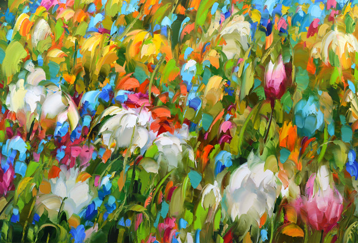 Colorful abstract flower field painting with blooming meadow