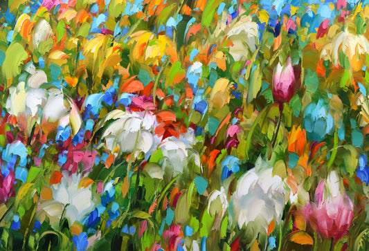 Colorful abstract flower field painting with blooming meadow