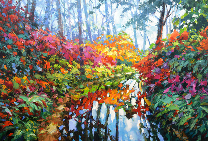 Landscape river at atumn  forest painting