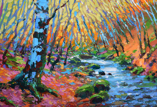 Autumn lanscape forest stream painting