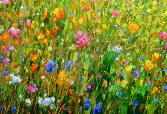 A vibrant painting rendered in an abstract impressionist style, depicting a lush green field adorned with an array of wildflowers. Splashes of color dance across the canvas, capturing the dynamic essence of nature in full bloom. The artist's expressive brushstrokes convey the organic energy and beauty of the natural landscape, creating a captivating scene filled with movement and life