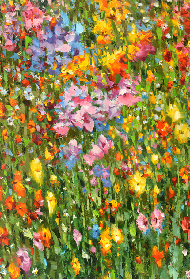 A vibrant painting rendered in an abstract impressionist style, depicting a lush green field adorned with an array of wildflowers. Splashes of color dance across the canvas, capturing the dynamic essence of nature in full bloom. The artist's expressive brushstrokes convey the organic energy and beauty of the natural landscape, creating a captivating scene filled with movement and life