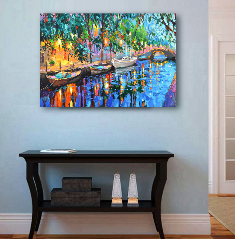 Dawn landscape wall art displayed in a modern interior, creating a calm and peaceful decor atmosphere