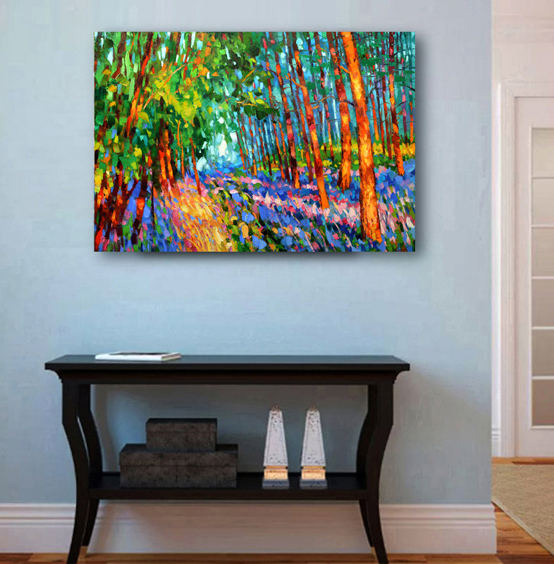 Forest landscape painting with morning sunlight rays filtering through trees, soft golden light, natural textures, and a peaceful atmosphere