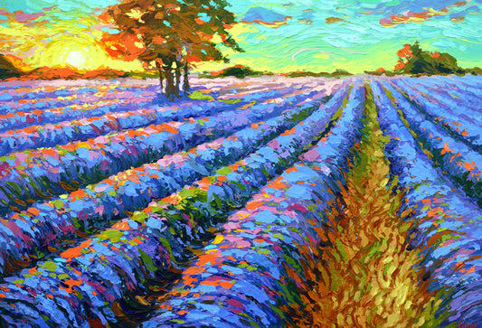 A picturesque painting portraying a vast lavender field stretching into the distance, illuminated by the warm hues of the setting sun on the horizon. The lavender blooms sway gently in the soft breeze, casting long shadows across the rolling landscape. The vibrant colors and serene atmosphere evoke a sense of tranquility and natural beauty