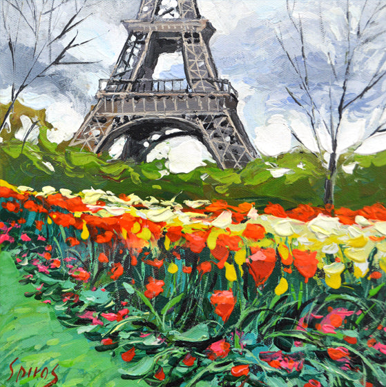 Rainy Eiffel tower Paris cityscape painting featuring wet streets, umbrellas, reflections, and romantic urban atmosphere