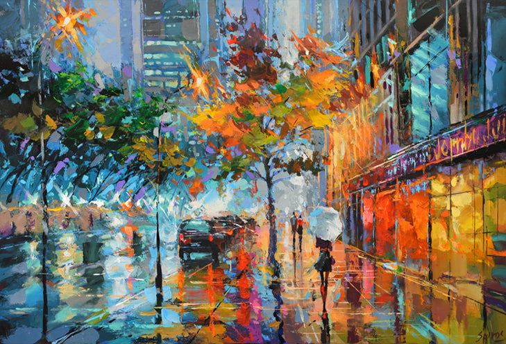 Rainy New York cityscape painting