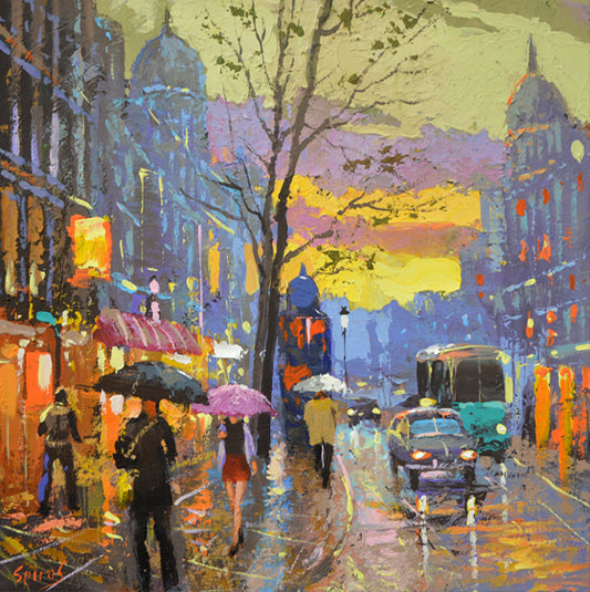 Evening city boulevard painting after rain with street lights