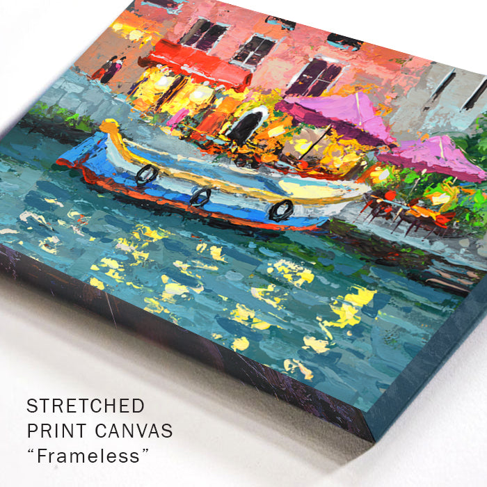Close-up canvas corner detail highlighting layered paint, texture, and warm evening tones