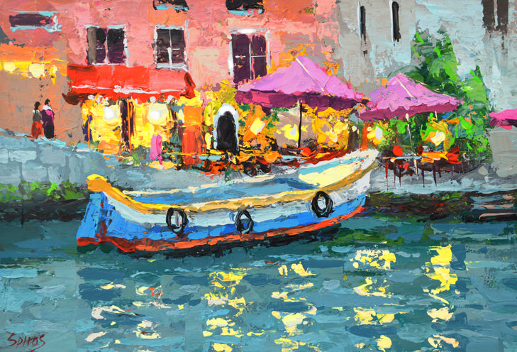 Evening café cityscape painting with warm lights, outdoor seating, and atmospheric urban mood