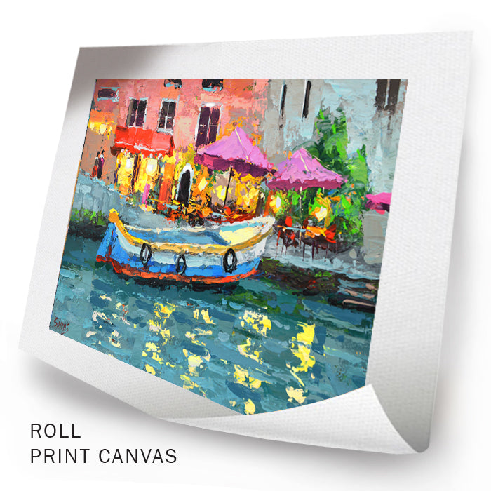 Unframed cityscape canvas artwork featuring an evening café scene with soft lighting and expressive brushwork