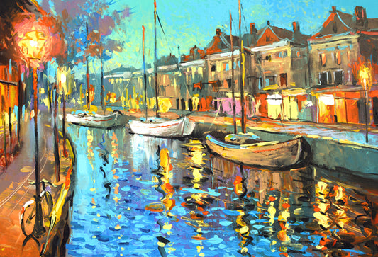 Evening canal cityscape painting with lights and reflections