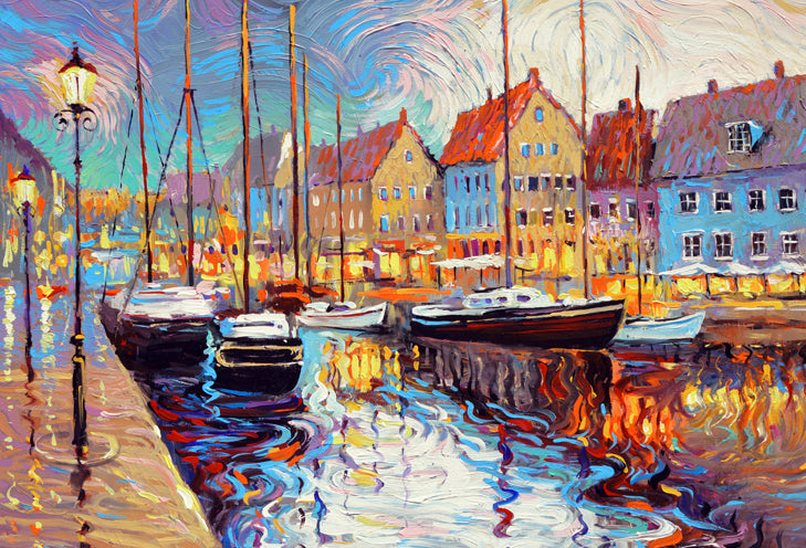 Evening canal painting with boats, houses and reflections on the water
