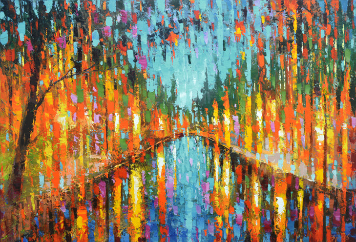 Evening city painting with warm lights and calm street mood