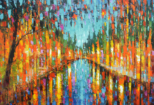 Evening city painting with warm lights and calm street mood