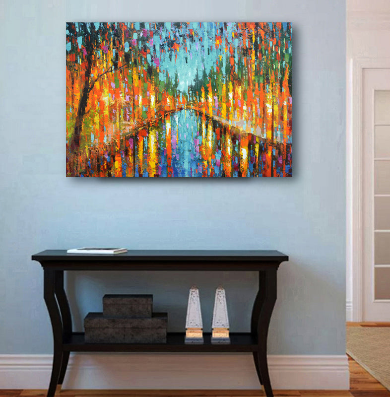 Evening city painting displayed in modern home interior