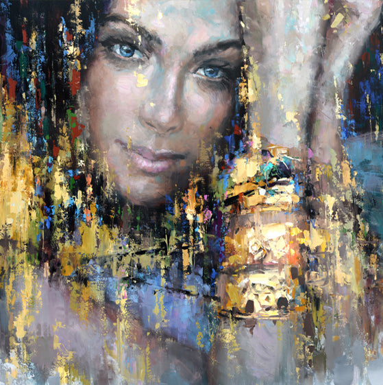 Modern female portrait painting with soft colors and expression